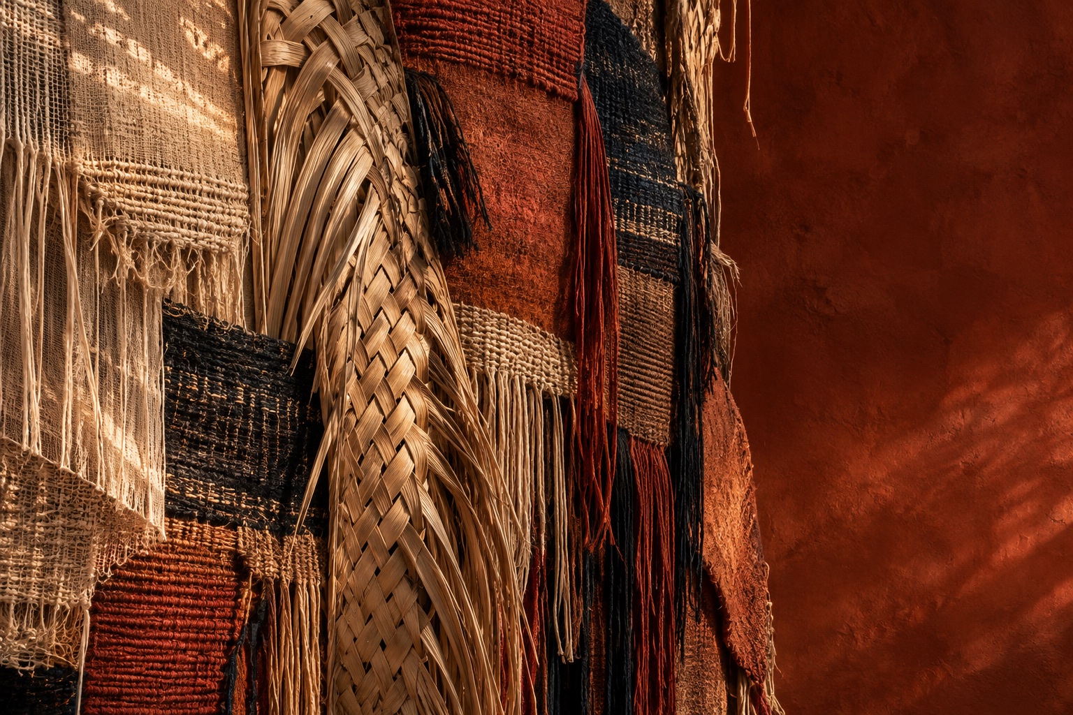 Generated UAE-inspired textile study: palm fibre, woven wool and layered earth pigments
