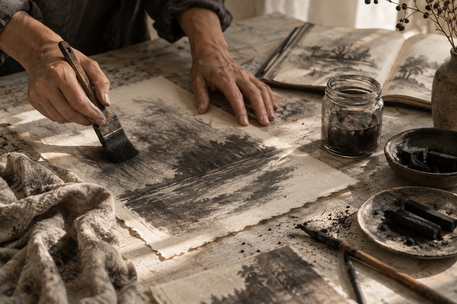 Close view of hands working with pigment and paper in a sunlit studio