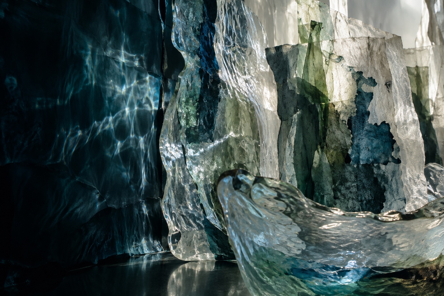 Generated Finland-inspired material study: translucent glass, handmade paper and northern light