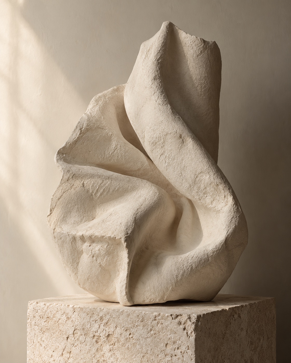 Expressive folded sculptural form in chalk clay on a limestone plinth