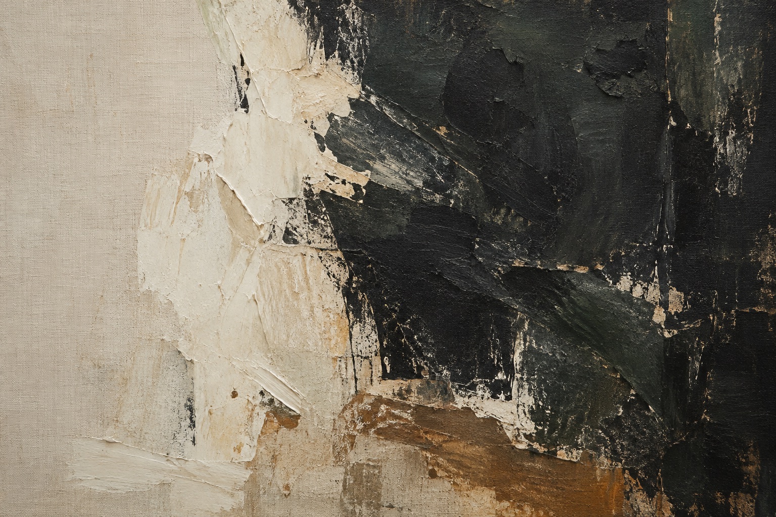 Dark expressive pigment meeting ivory impasto on raw linen